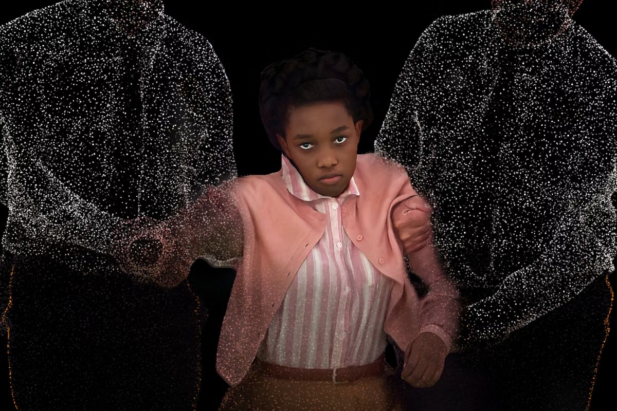 NOIRE — Claudette Colvin empoignée par deux policiers en nuage de points
