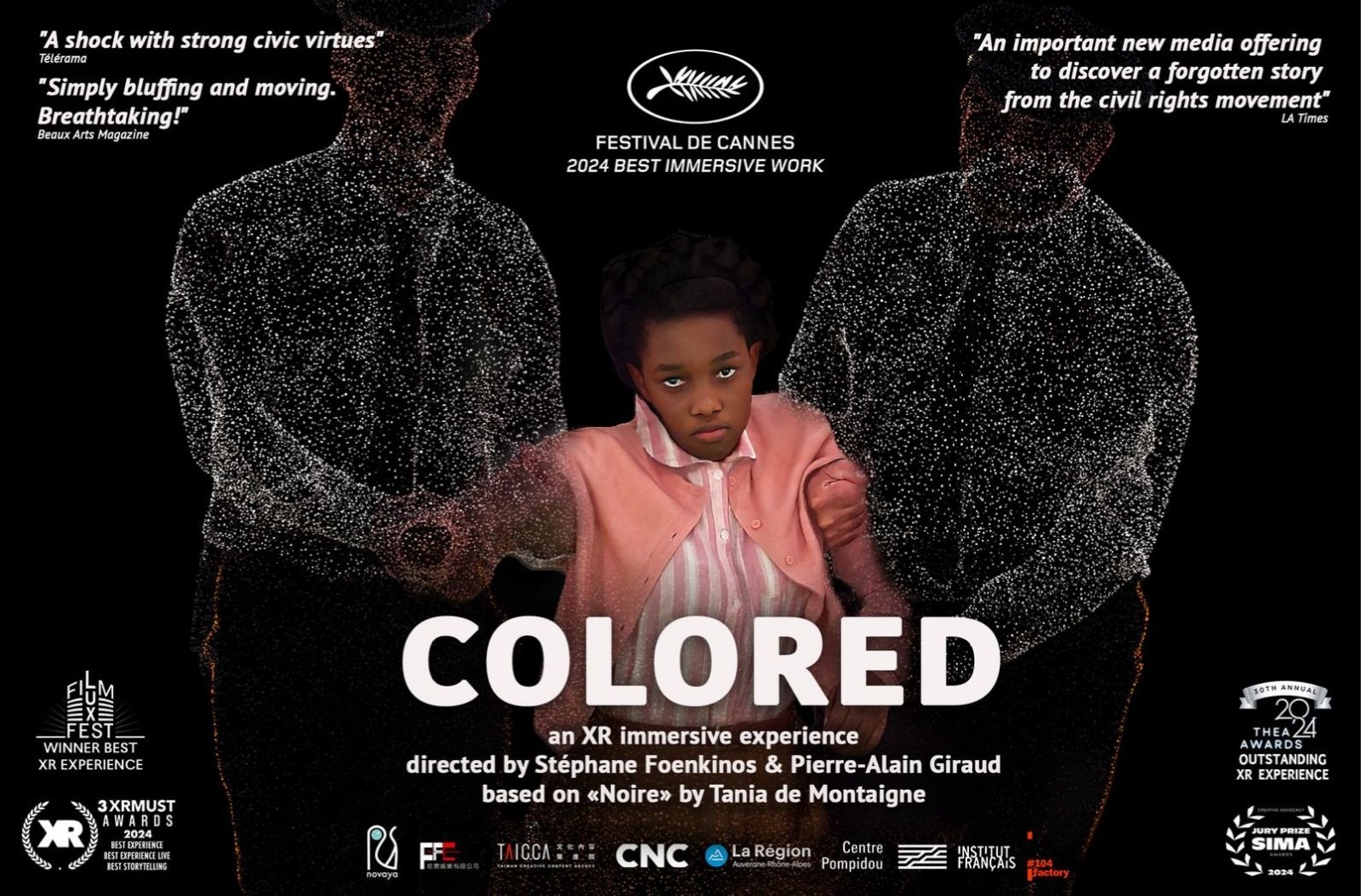 COLORED — l’affiche : Claudette Colvin entre deux policiers en nuage de points, lauriers Cannes 2024, Thea, SIMA, XRMust